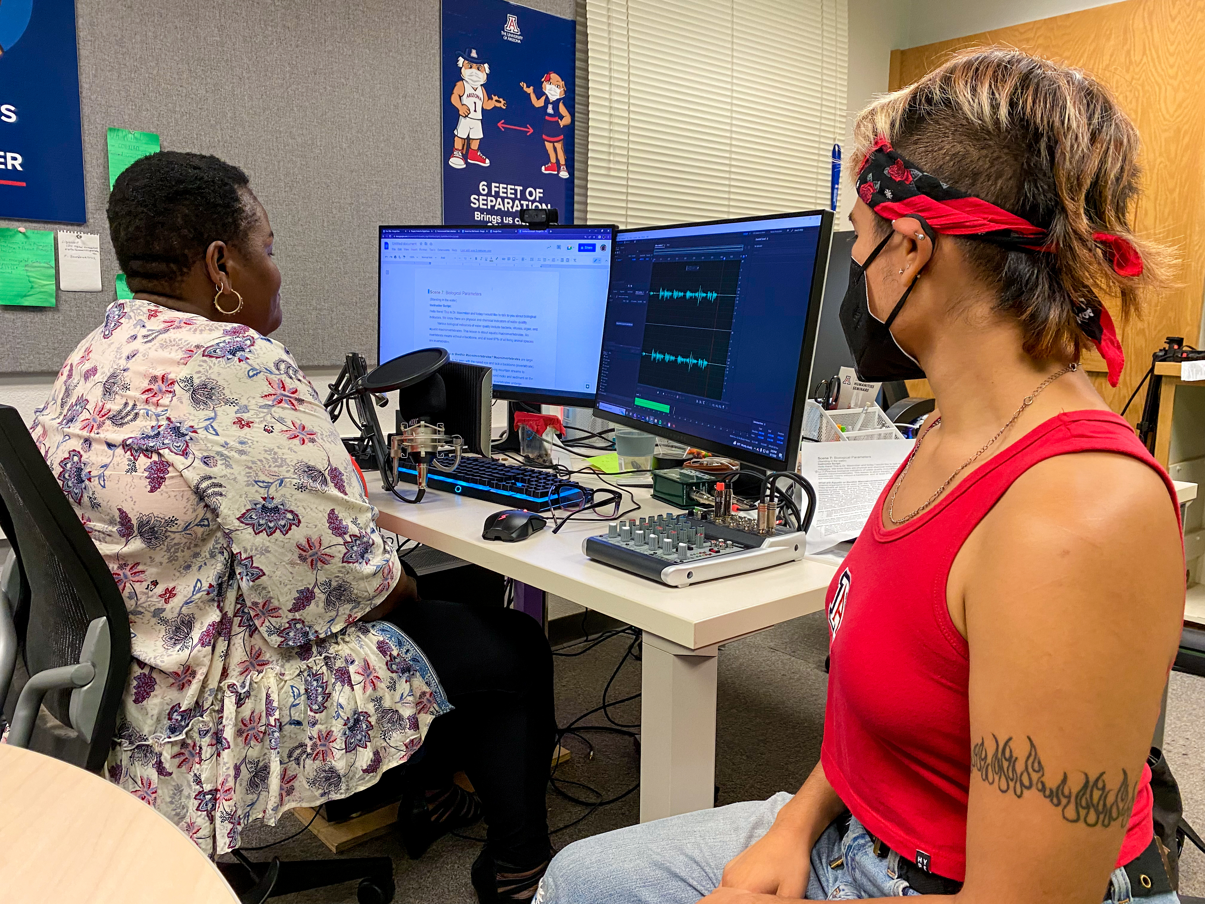 Dr. Jackie Maximillian, environmental science, with Jennifer Abarca, CDH, records audio for virtual reality
